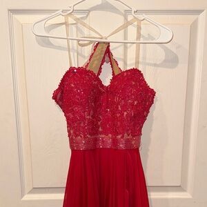 Sherri Hill Bright Pink Lace Prom Dress with slit